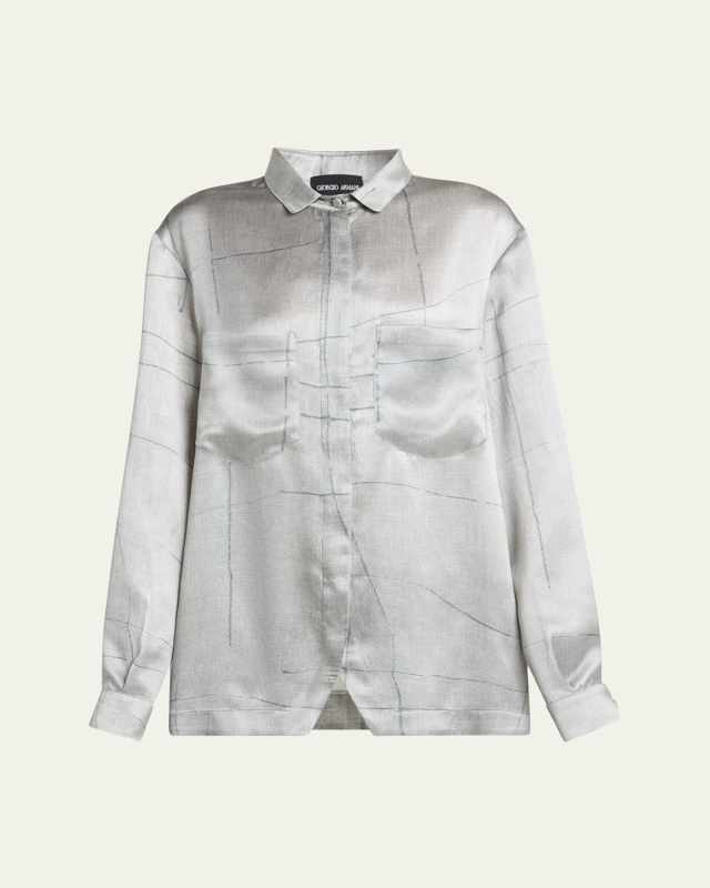 Check Satin Button Down Blouse